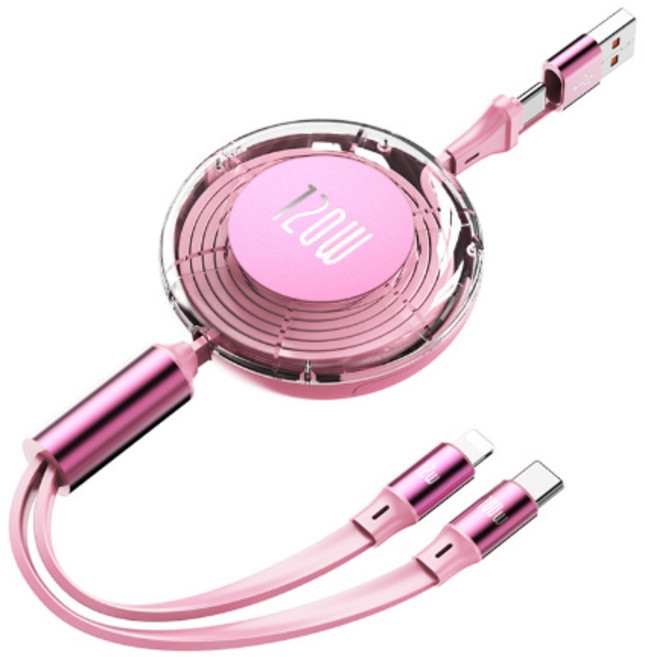 투에이비 노트북 태블릿 휴대폰 100W+20W 듀얼 C타입/8핀 릴 케이블, 1개, 핑크, 1.2m