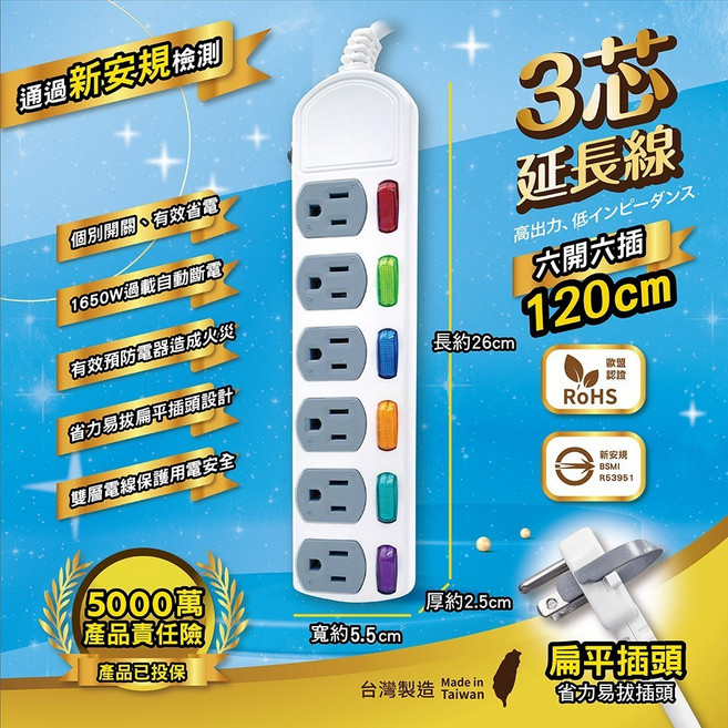 8KS 台灣製造 過載自動斷電延長線 新安規BSMI認證, 六開六插4尺(3芯扁平插頭), 1個, 120cm