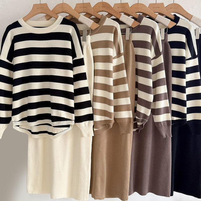 룩업 여성 스트라이프 셋업 단가라 니트 티셔츠 롱스커트 데일리룩 출근룩