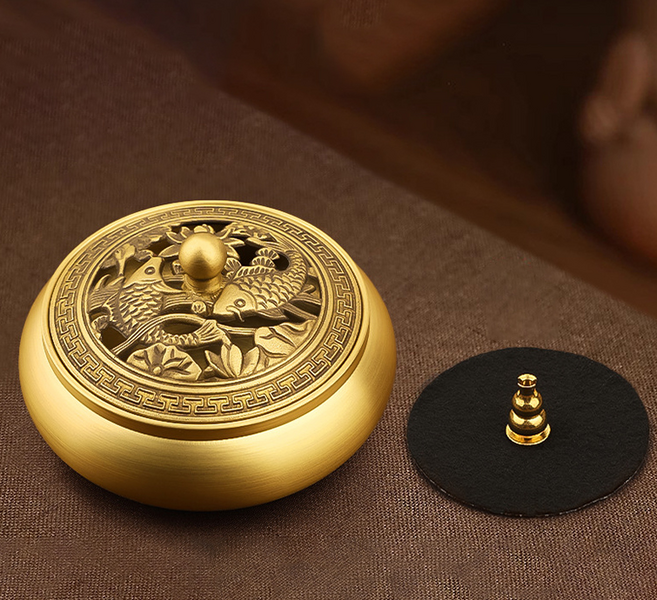 차머덕트 인센스 미니 역류 향로 제사 홀더, 황금 고급 쌍어, 1개입