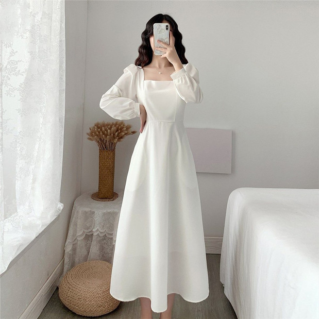TKX 여성용 봄 가을 스퀘어넥 긴팔 드레스 A라인 휴양지 맥시기장 결혼식하객룩