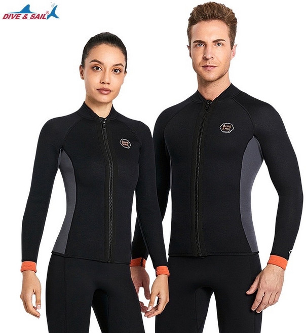 DIVE & SAIL 兩節式 3mm 防寒潛水衣, 男款黑灰（上衣）,3XL