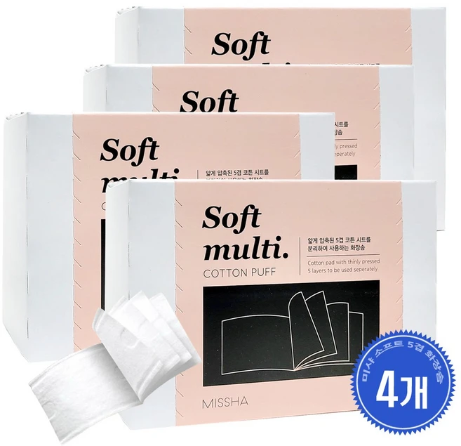 미샤 소프트 5겹 화장솜 80매 4개, 80매입 - 쿠팡