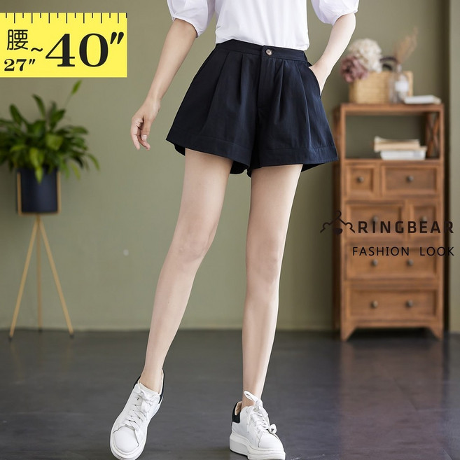 眼圈熊 中大尺碼 R294 顯瘦百搭後鬆緊腰拉鍊褲頭抓褶休閒密織斜紋A字短褲 (黑M-5L)