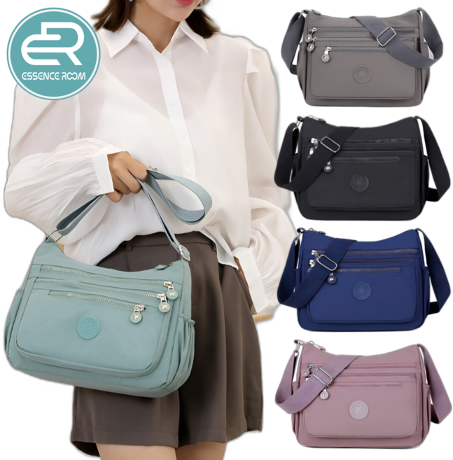 에센스룸 가벼운 나일론 방수 여성용 크로스백 숄더백 여행용 주머니 많은 가방