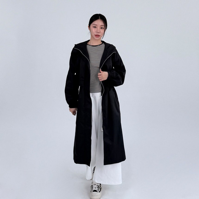 행복여 델드 포켓 포인트 허리 스트링 후드 롱 야상 점퍼