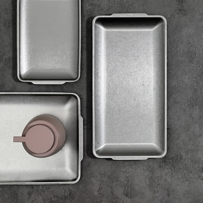 304 스텐 빈티지 직사각 접시 파스타 사각 그릇, 실버, 1개