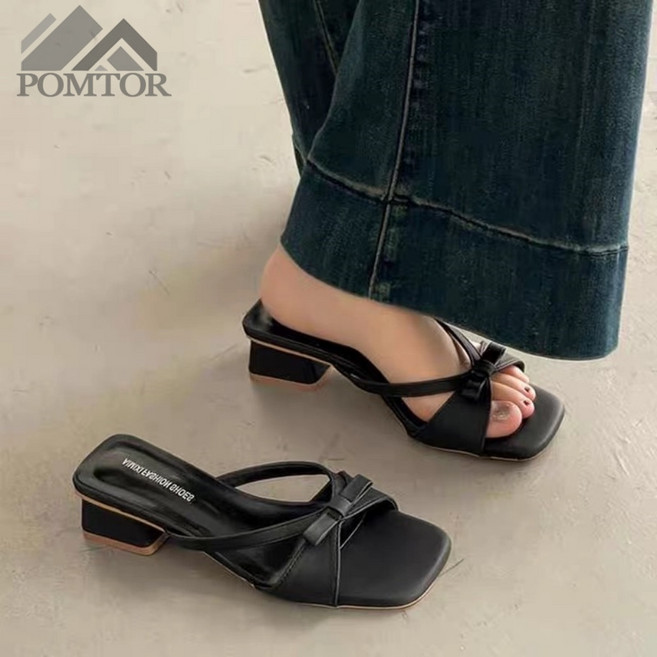 POMTOR 여성 여름 스퀘어 러블리 리본 뮬 슬링백 미들힐4cm