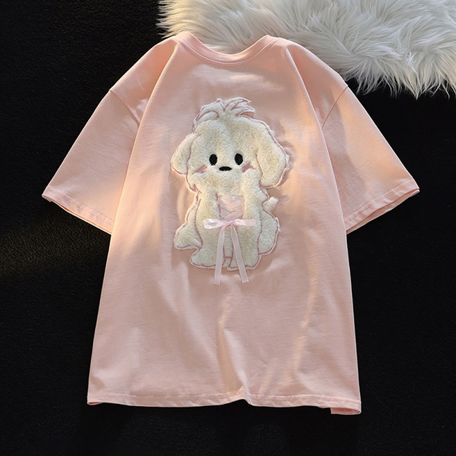 ROYALBELLE 여성 라운드넥 리본 장식 반팔 티셔츠 캐릭터 귀여운 루즈핏 티 E0061018