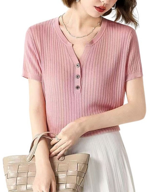 여성용 골지 버튼 반팔 니트 데일리 부드러운 여름 티셔츠 I5304