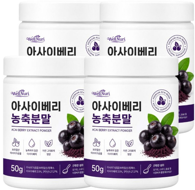 웰누리 대용량 아사이베리 농축 분말 100%, 4개, 50g