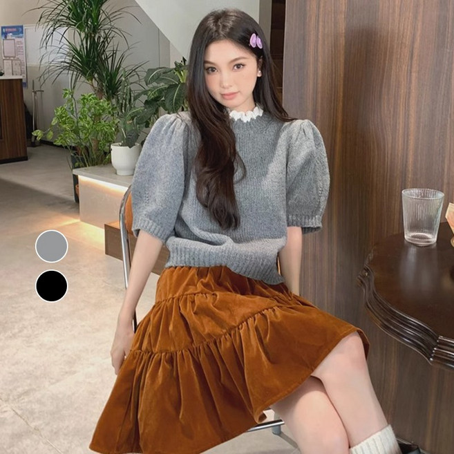 치유쿠 레이스 터틀넥 니트 봄 반팔 스웨터