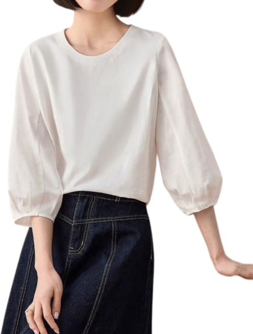 Makone 여성 솔리드 라운드넥 블라우스 심플 오피스룩 무지 7부소매 티셔츠