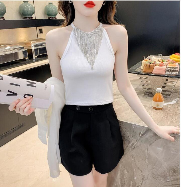 鑲鑽掛脖上衣 法式辣妹風無袖美背背心