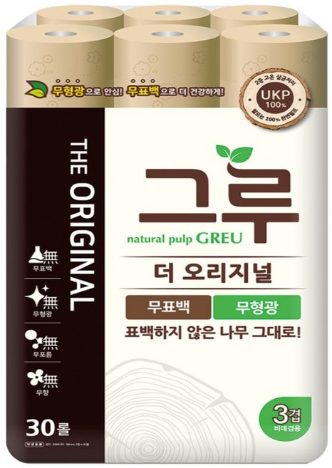 그루 오리지널 무표백 천연펄프화장지 3겹 30m 30롤 1팩