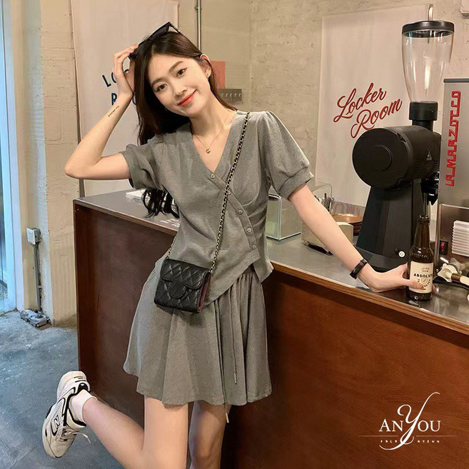 ANYOU 여름 여성 반팔 반바지 세트 데일리룩 휴가룩 여성트레이닝세트