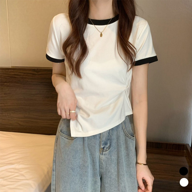 배색 LM-0426 밑단 반팔 티셔츠 사선 셔링