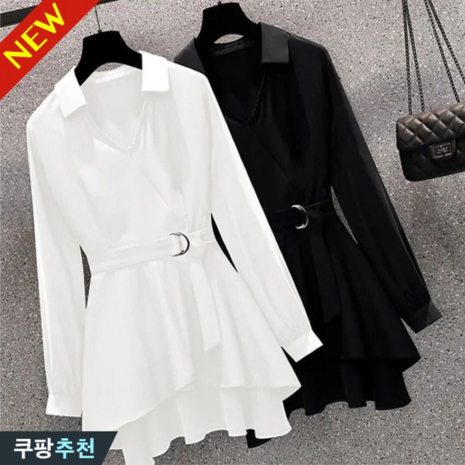 100kg까지 여성 허리조임 브이넥 긴팔 남방 블라우스 봄 가을 빅사이즈 추천 통기성 흰색 블랙 포인트 카라 폴로 우아한 코디 의류 고급 하객룩 플레어 디자인 모던 여자 셔츠 상의