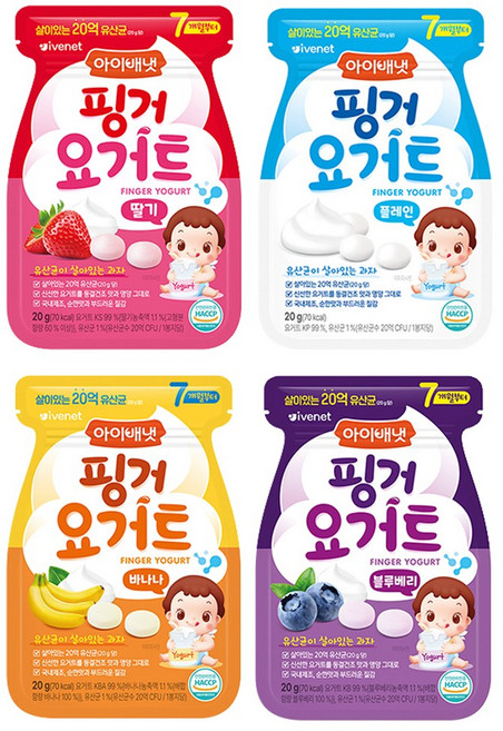 아이배냇 핑거요거트 4종세트(블루베리 딸기 바나나 플레인) 20g 각3개씩 총12개, 3세트, 혼합맛(플레인/딸기/블루베리/바나나)