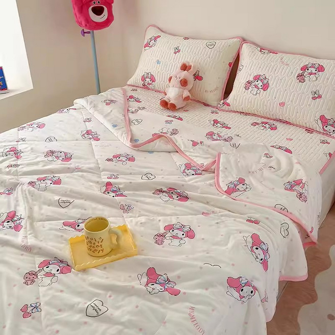 다나에 산리오 헬로키티 시나모롤 차렵 이불+라텍스 냉감 침대패드+베개커버 세트+명성머리띠