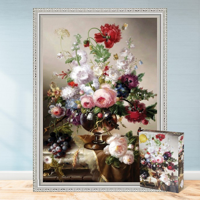 모두의취미 꽃이 만발한 꽃병과 나비 1000피스 명화 정물 직소퍼즐, 1개, 액자세트(댄디실버)