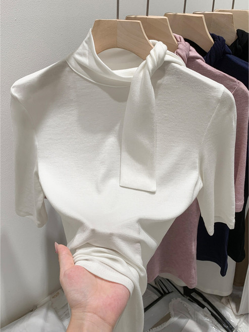 [하루마켓] 여성 스카프넥 반목 슬림 반팔 상의