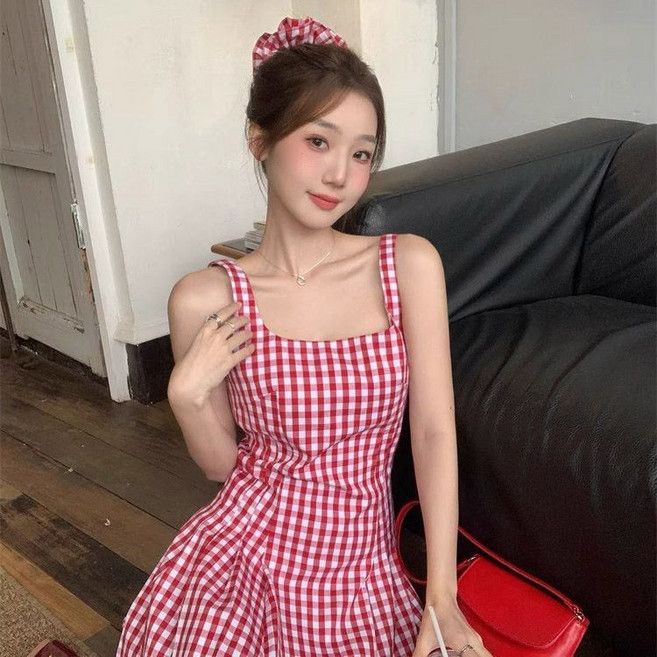 COSYEVNO 여성 민소매 원피스 스퀘어넥 깅엄체크 A라인 여름 나시 미니스커트