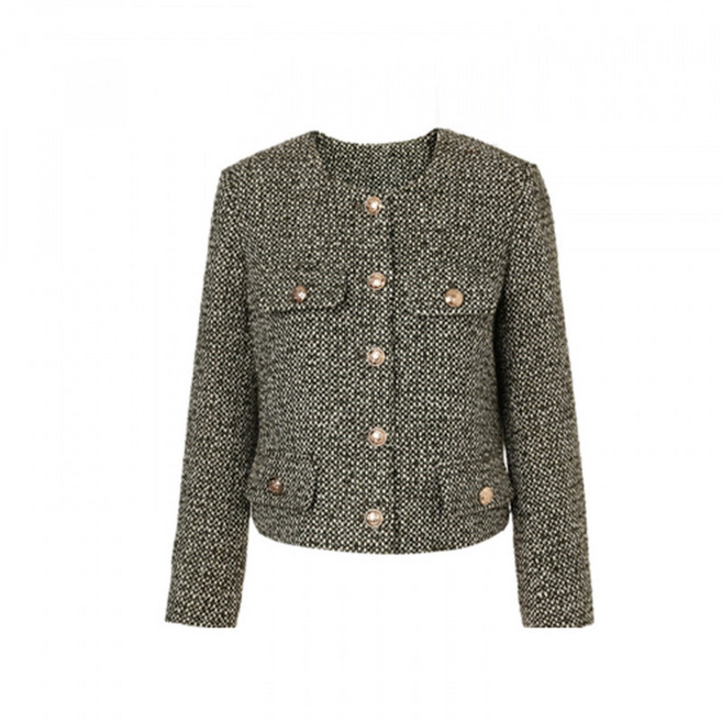 트위드 노카라 자켓 하객룩 가을 원형넥 라운드