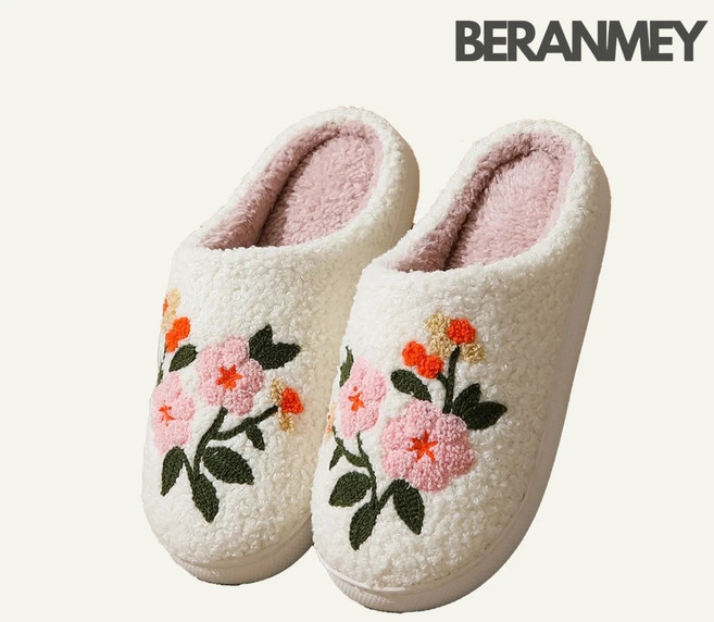 Beranmey 꽃자수 털슬리퍼 방한 양털 실내화