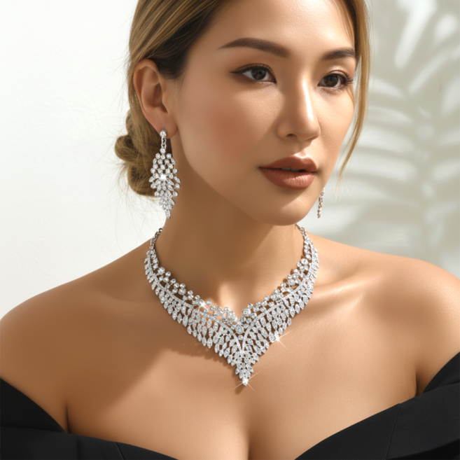 화련한 크리스탈 큐빅 연말 파티 초커 목걸이 귀걸이 세트