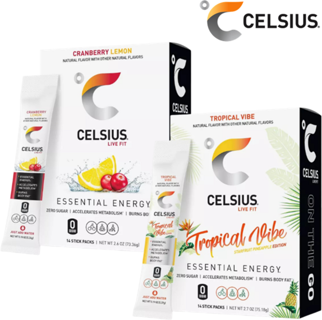 [CELSIUS] [1+1] 셀시어스 히트 워터 제로슈가 크랜베리 레몬 맛 14개입 + 트로피컬 바이브 14개입 에너지 드링크 파우더 Energy Drink Mix