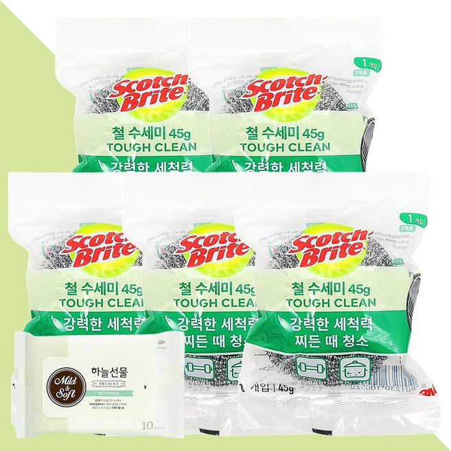 스카치브라이트 철 수세미 45g 5개(+하늘선물 물티슈 10매), 5개, 1개