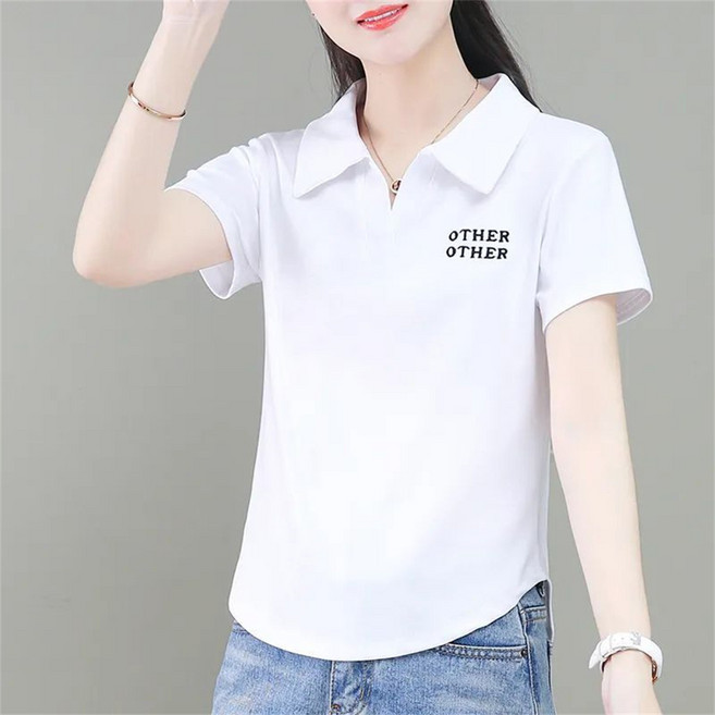 besteffie 여성용 여름 면 소재 반팔 티셔츠 심플한 디자인 카라넥 베이직 무지티 K95