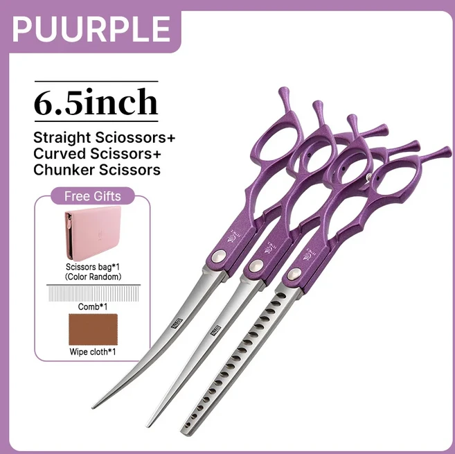 Fenice 6.5 인치 전문 애완 동물 미용 절단 곡선 얇은 Chunker 가위 세트 Groomer 가정용, 15 3pcs purple set2