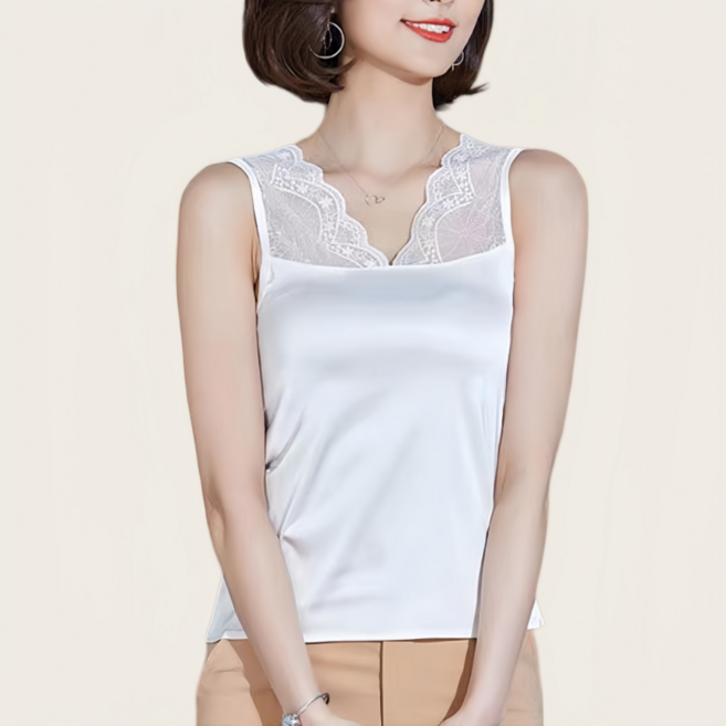 Makone 여성 브이넥 언발란스 레이스 패치워크 솔리드 모달 이너나시 심플