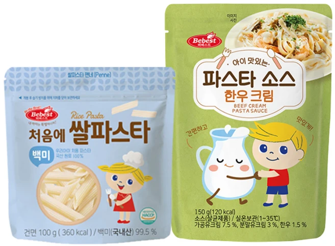 베베스트 처음에 쌀파스타 + 아이 맛있는 파스타 소스, 1세트, 250g, 쌀파스타(백미)+파스타소스(한우크림) - 쿠팡