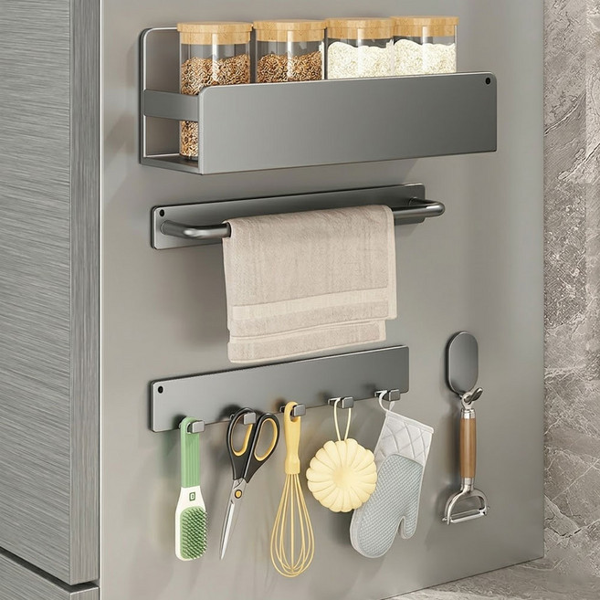 휴핏트 강력부착 한방정리 다용도 자석 선반 타올걸이 행후크 원형고리 세트, 1개, 그레이