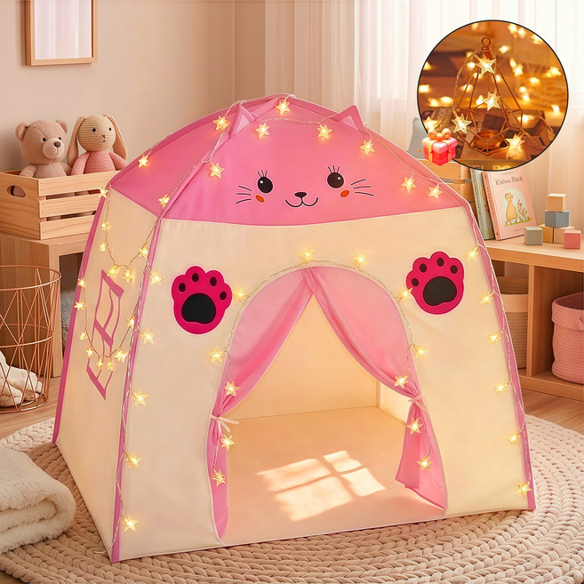 Flybird 조립식 홈텐트 실내실외 캠핑텐트 고양이 디자인 코트 휴식 놀이 독서 공간, 2~3인용, 핑크