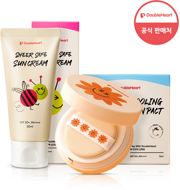 더블하트 쿨링 유아 선쿠션 선팩트 13ml+무기자차 시어 선크림 50ml SPF50+ PA++++, 63ml