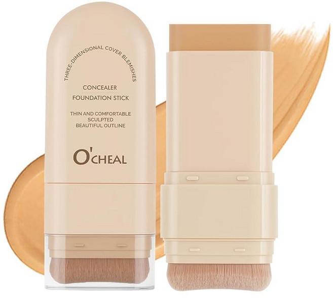O'CHEAL 컨실러 파운데이션 스틱 2 in 1 롱래스팅 스틱 컨실러 브러시 포함 다크 서클 및 잡티를 위한 풀 커버리지 페이스 컨투어 08#옐로우 컴플렉션, 04#밀