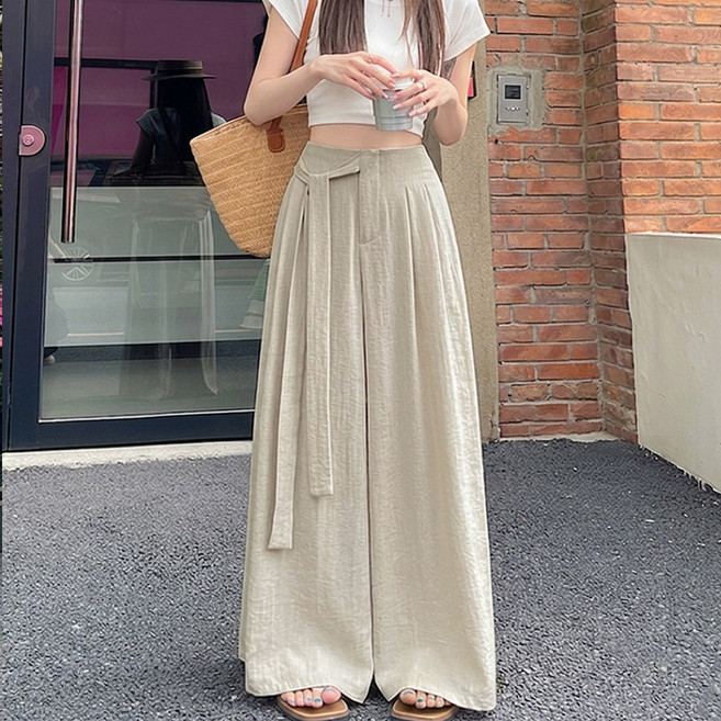 밴딩 리본 린넨 롱 바지 와이드 여성 슬랙스 여름 팬츠