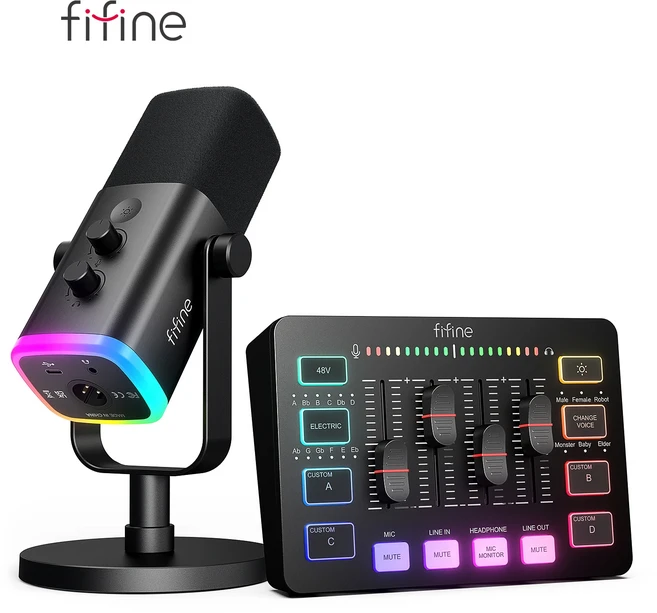 FIFINE RGB 오디오 믹서 포함 올인원 팟캐스트 키트 PC 게임 녹화용 다이나믹 마이크 포함 스트리밍 스튜디, 01 빠른, 01 KS5