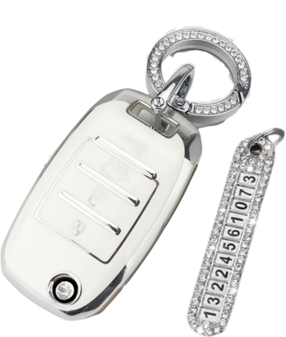 키에티 기아 폴딩키 호환 스토닉 올뉴K5 니로 3 4버튼 차 키케이스 키홀더 + 분실방지 큐빅 전화번호판, 화이트 실버라인