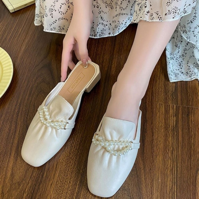 [파워쇼핑몰샵]장식 플랫 뮬 슬리퍼 사계절 블로퍼 여자 진주알