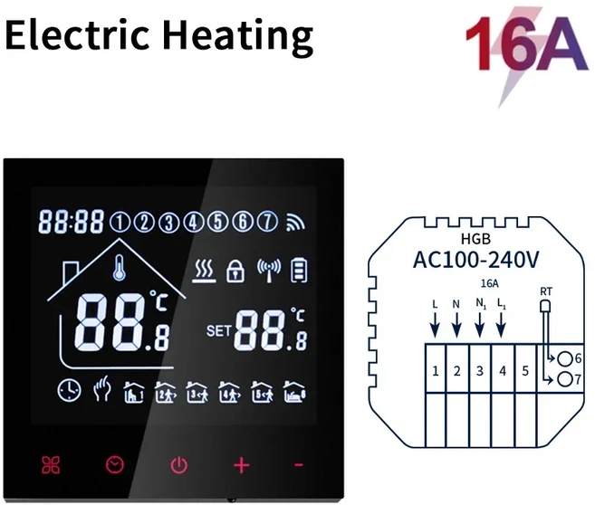 Tuya WiFi 스마트 온도 조절기 LCD 디스플레이 터치 스크린 가스 보일러 바닥 난방 물 원격 제어기, 02 NO WIFI, 02 Electric Heating