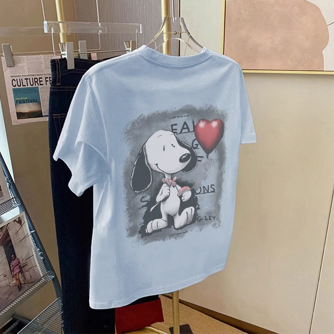 다나에 스누피 캐릭터 하트 프린트 순면 남자 여성 여름 루즈핏 라운드 반팔티 +크세라스 머리끈