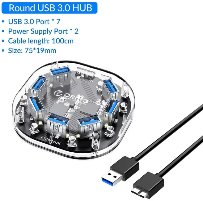 ORICO 4/7 포트 USB 허브 투명 시리즈 어댑터 분배기(노트북 액세서리용 마이크로 전원 포함) OTG, 02 Round 7 Ports 100cm