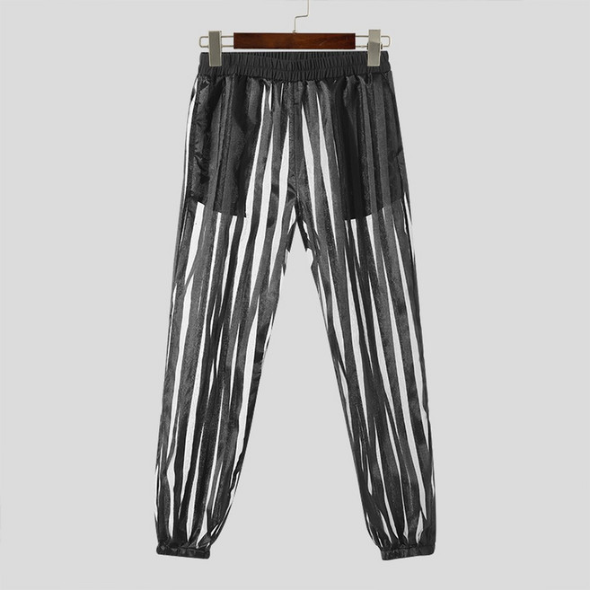 남성 2XL 바지 섹시한 STR 탄성 스트라이프 메쉬 패션 허리 투명 캐주얼 TWEAR PANT