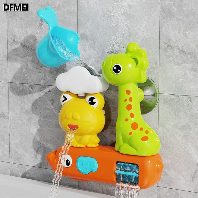 DFMEI 兒童浴室戲水玩具卡通萌鴨轉轉樂吸盤花灑噴水套裝洗澡玩具, 1個, 【橙色】青蛙長頸鹿+水勺+吸盤(opp袋裝):如圖