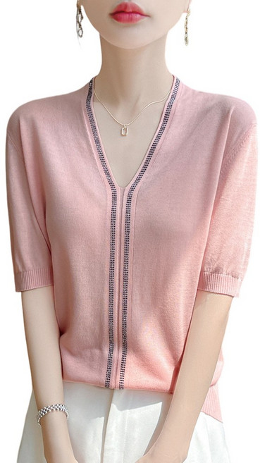 여성용 브이넥 스판 반팔 니트 티셔츠 루즈핏 스톤디테일 데일리룩 J5304